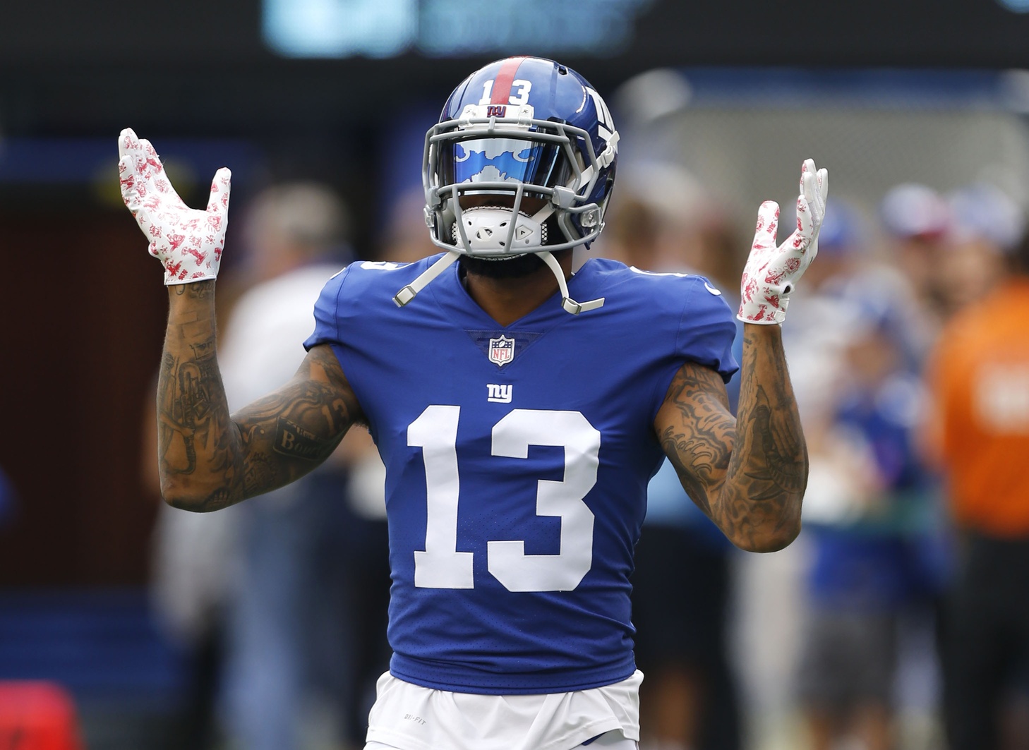 October 8, 2017, New York Giants wide receiver Odell Beckham Jr. (13) looks  on prior to the NFL game between the Los Angeles Chargers and the New York  Giants at MetLife Stadium