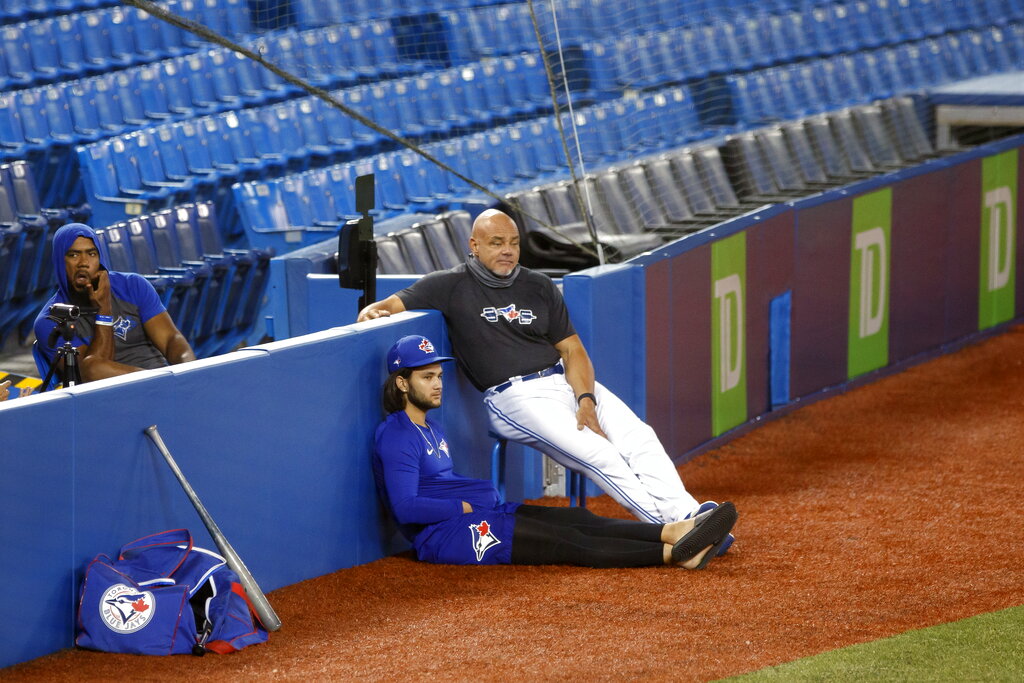 Toronto Blue Jays' Bo Bichette looks on during batting practice