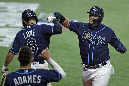 Tampa Bay Rays' Willy Adames (1) celebrates his solo home run