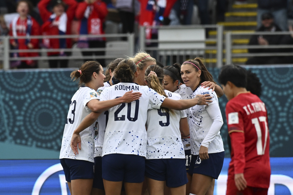 United States' Megan Rapinoe warms up before the Women's World Cup Group E  soccer match between the United States and Vietnam at Eden Park in  Auckland, New Zealand, Saturday, July 22, 2023. (