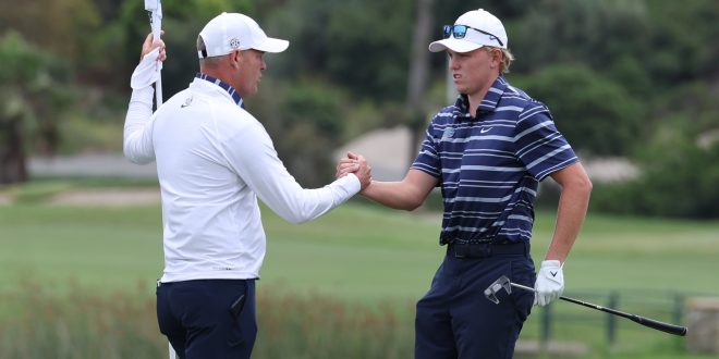 UF junior Ian Gilligan (right) shot a 1-under 71 on Sunday. His birdie on the 18th helped the Gators finish at 1-under for the day in eighth place overall.