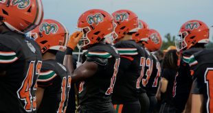 Eastside High School Football players lined up on sideline