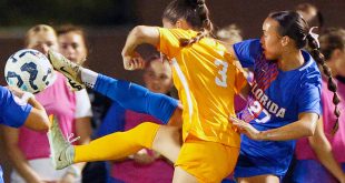 UF defender Norah Abbott (#27) challenges Tennessee’s Sammi Woods (#3) for the ball during the Gators game against the University of Tennessee at Donald R. Dizney Stadium in Gainesville, Fla., Wednesday, Oct. 30, 202