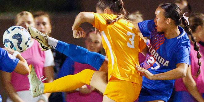 UF defender Norah Abbott (#27) challenges Tennessee’s Sammi Woods (#3) for the ball during the Gators game against the University of Tennessee at Donald R. Dizney Stadium in Gainesville, Fla., Wednesday, Oct. 30, 202